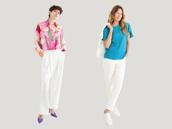 Weiße Outfits in Kombination mit kräftigen Farben.