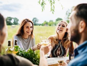 Weinanbaugebiet Pfalz: Eine Gruppe von jungen Leuten stößt gemeinsam mit einem Glas Wein an.