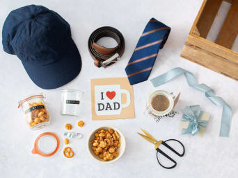 Possible contents for a personalised Father's Day gift box.