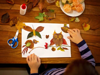 Giochi autunnali – bambino crea un disegno utilizzando foglie colorate. 