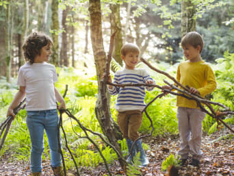 Beschäftigung im Wald – Kinder sammeln Äste für ein Spiel.