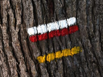 Le balisage blanc et rouge indique le chemin de randonnée pédestre (GR).