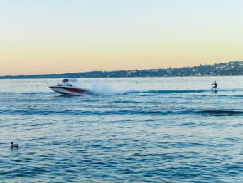 Wasserski: Ein Motorboot zieht einen Wasserskifahrer über einen See.