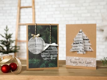 Handmade Christmas cards with Christmas balls or Christmas tree as a 3D design.