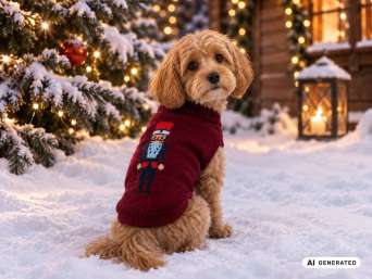 Winterjas honden: een kleine hond met een hondenjas in de sneeuw.