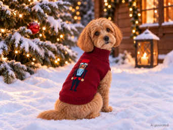 Winterjacke für Hunde: Kleiner Hund mit Winterpullover im Schnee.