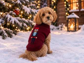Winterjacke für Hunde: Kleiner Hund mit Winterpullover im Schnee. Winterjacke für Hunde: Kleiner Hund mit Winterpullover im Schnee.