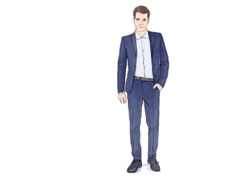 Een man draagt een overhemd, een jasje en een broek in pak voor een business casual outfit.