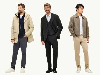 Outfit invernali eleganti da uomo: tre uomini in outfit invernali chic. Outfit invernali eleganti da uomo: tre uomini in outfit invernali chic.