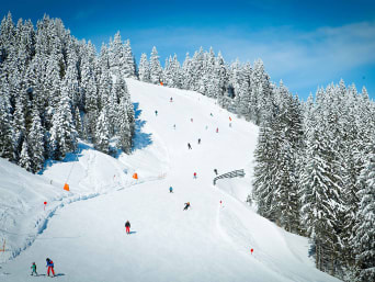 Vacaciones en la nieve en España: un grupo de esquiador desciende por una pista de esquí nevada.