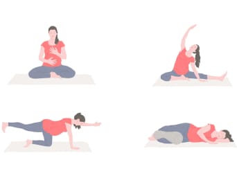 Yoga-oefeningen voor zwangere vrouwen – vrouw voert verschillende asana’s uit.
