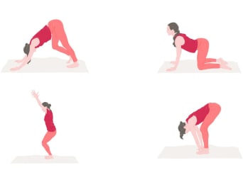 Exercices de yoga : une femme change de posture de yoga.