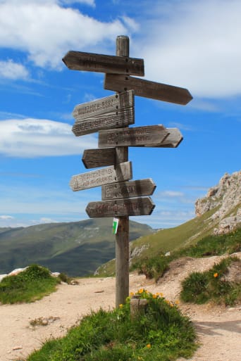 Ratgeber Outdoor-Urlaub – Schild mit Wanderwegen in den Bergen.