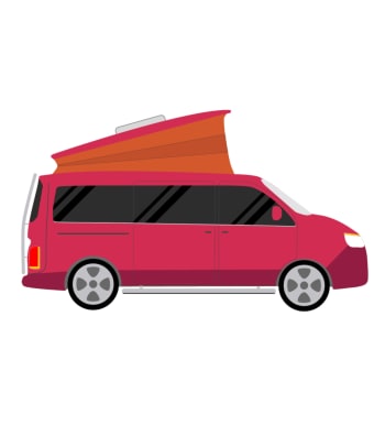 Camping für Anfänger: Vereinfachte Darstellung eines Campingbusses mit Hubdach.