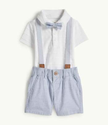 Taufkleidung für Jungs – Outfit mit Hosenträger und Fliege.