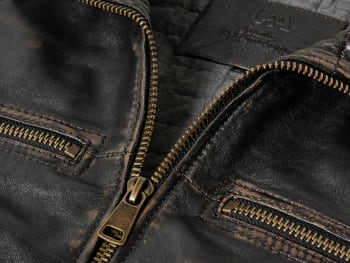 A close-up of a leather jacket.