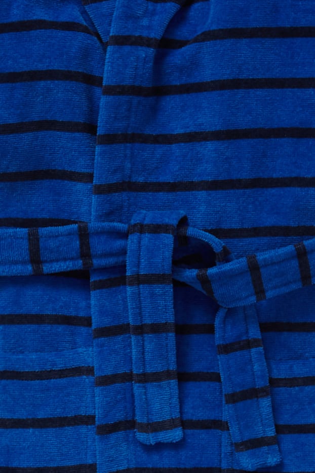 Kinder Buben - Frottee-Bademantel mit Kapuze - gestreift - blau  / schwarz