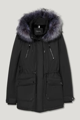 Parka with hood and faux fur trim