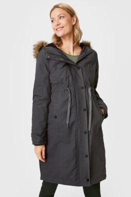 Parka premaman con cappuccio, inserto in ecopelliccia e inserto porta-bebè