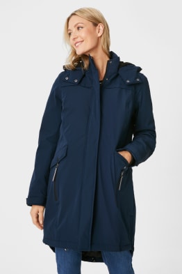 Maternity outdoor jacket with hood and baby pouch