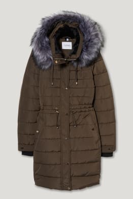 Quilted coat with hood and faux fur trim - recycled