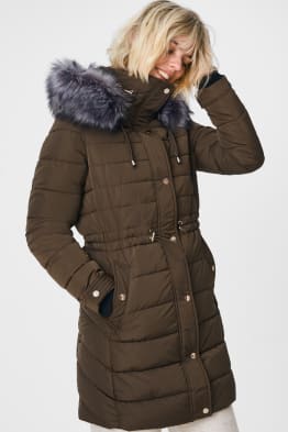 Manteau matelassé à capuche, avec garniture de fausse fourrure - matière recyclée