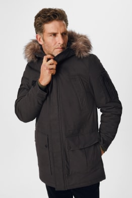 Parka with hood and faux fur trim - recycled