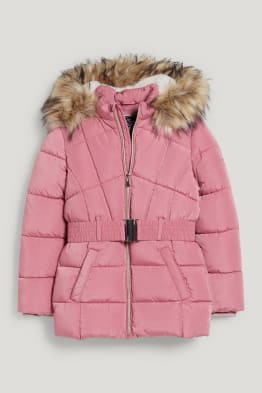 Quilted jacket with hood, faux fur trim and belt