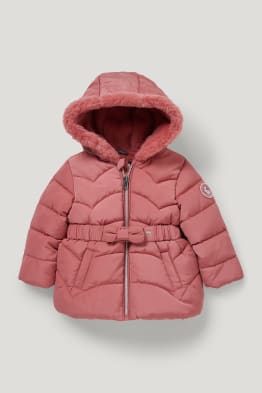 Jachetă matlasată bebeluși cu glugă și aplicații din blană artificială