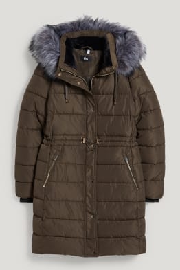 Manteau surpiqué avec capuche et garniture en fausse fourrure.