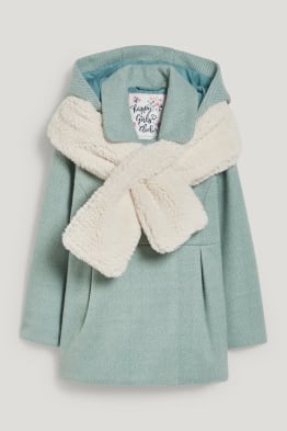 Set - jacket with hood and teddy fur scarf - 2 piece