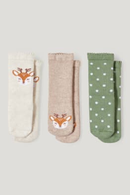 Multipack of 3 - fawn - baby non-slip socks with motif
