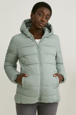 Maternity quilted jacket with hood and baby pouch - recycled