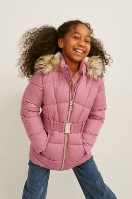 Quilted jacket with hood, faux fur trim and belt