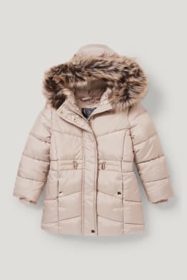 Quilted jacket with hood and faux fur trim - recycled