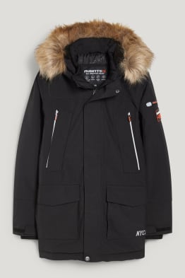 Veste à capuche, dotée d'une garniture de fausse fourrure - matière recyclée