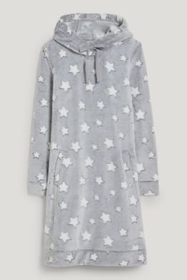 Fleece-Bigshirt mit Kapuze - gemustert