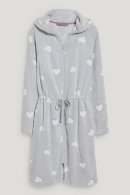 Fleece bathrobe with hood - patterned