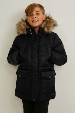 Quilted jacket with hood and faux fur trim - recycled