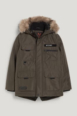 Cappotto con cappuccio e riporto di ecopelliccia
