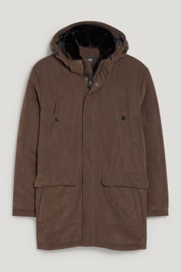 Parka with hood and faux fur collar
