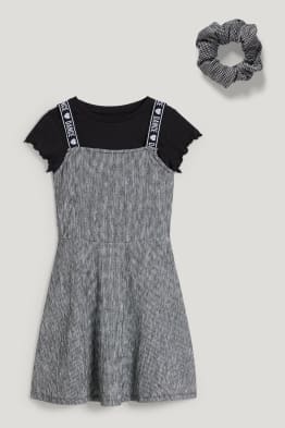 Zestaw - koszulka z krótkim rękawem, sukienka i gumka do włosów owijka - 3 części