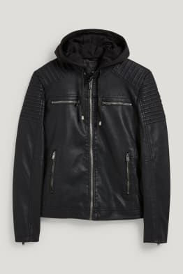 Bikerjacke mit Kapuze - Lederimitat