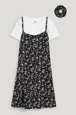 Set - short sleeve T-shirt, dress and scrunchie - 3 piece