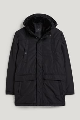 Parka with hood and faux fur trim