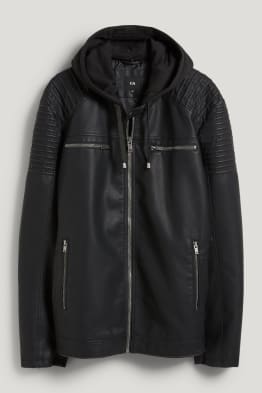 Giacca stile motociclista con cappuccio - similpelle
