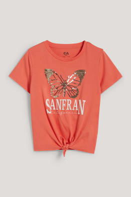Kurzarmshirt mit Knotendetail - Glanz-Effekt
