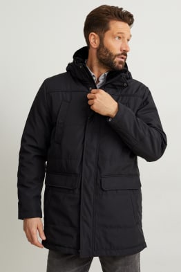 Parka with hood and faux fur trim