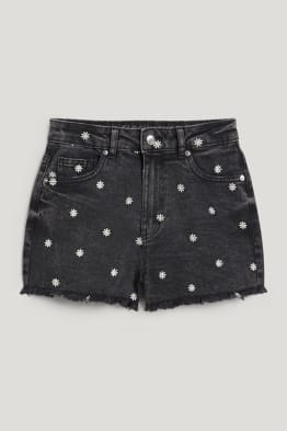 CLOCKHOUSE - džínové šortky - high waist - s květinovým vzorem