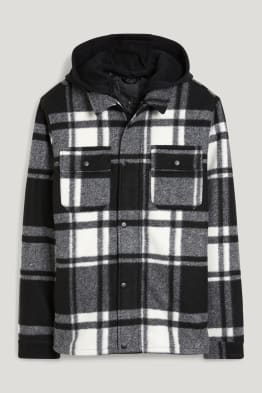 Shirt jacket with hood - check